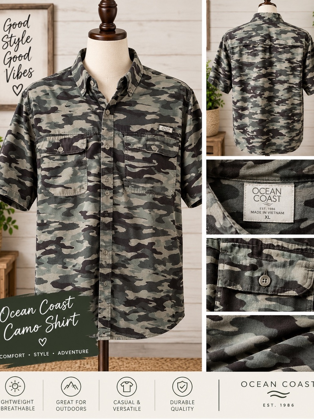 Ocean Coast Men’s Short-Sleeve Camo Button-Down Shirt - Green Camo